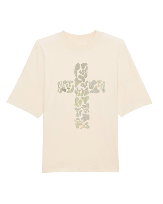 Oversize t-shirt, creme, kunstnerisk kors