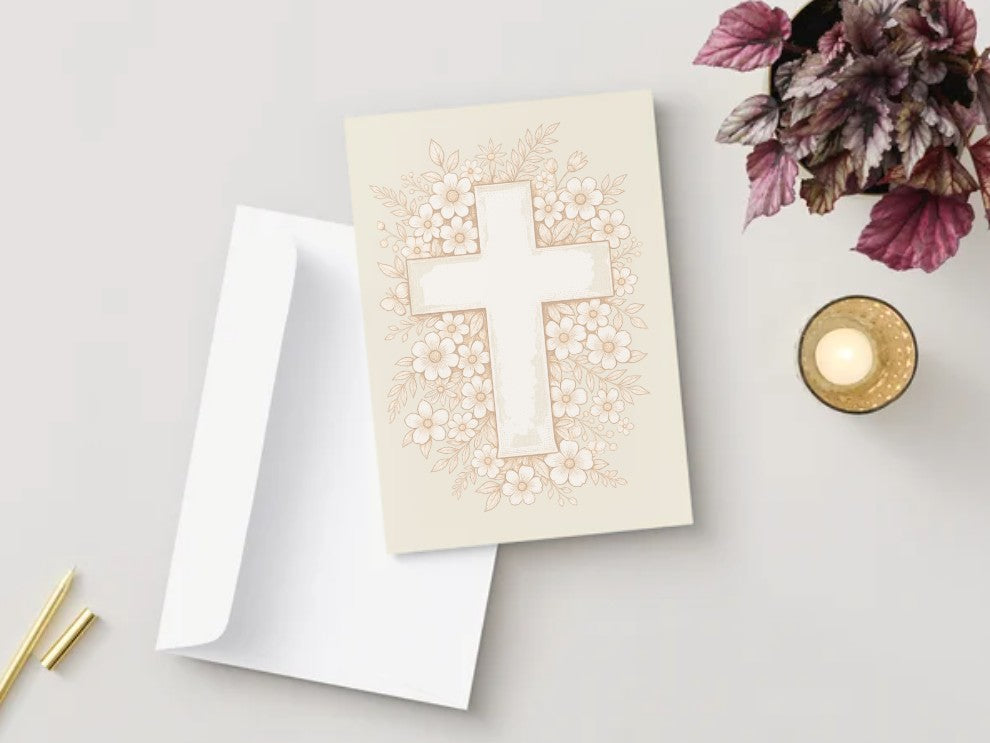 Kort, tegnet kors med blomster